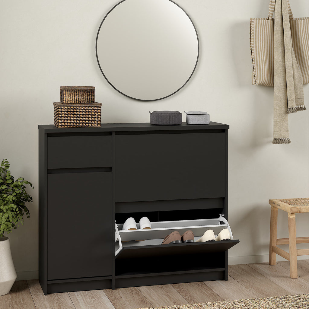 Naia Shoe Cabinet with 2 Flip Down Doors 1 Door and 1 Drawer in Black Matt