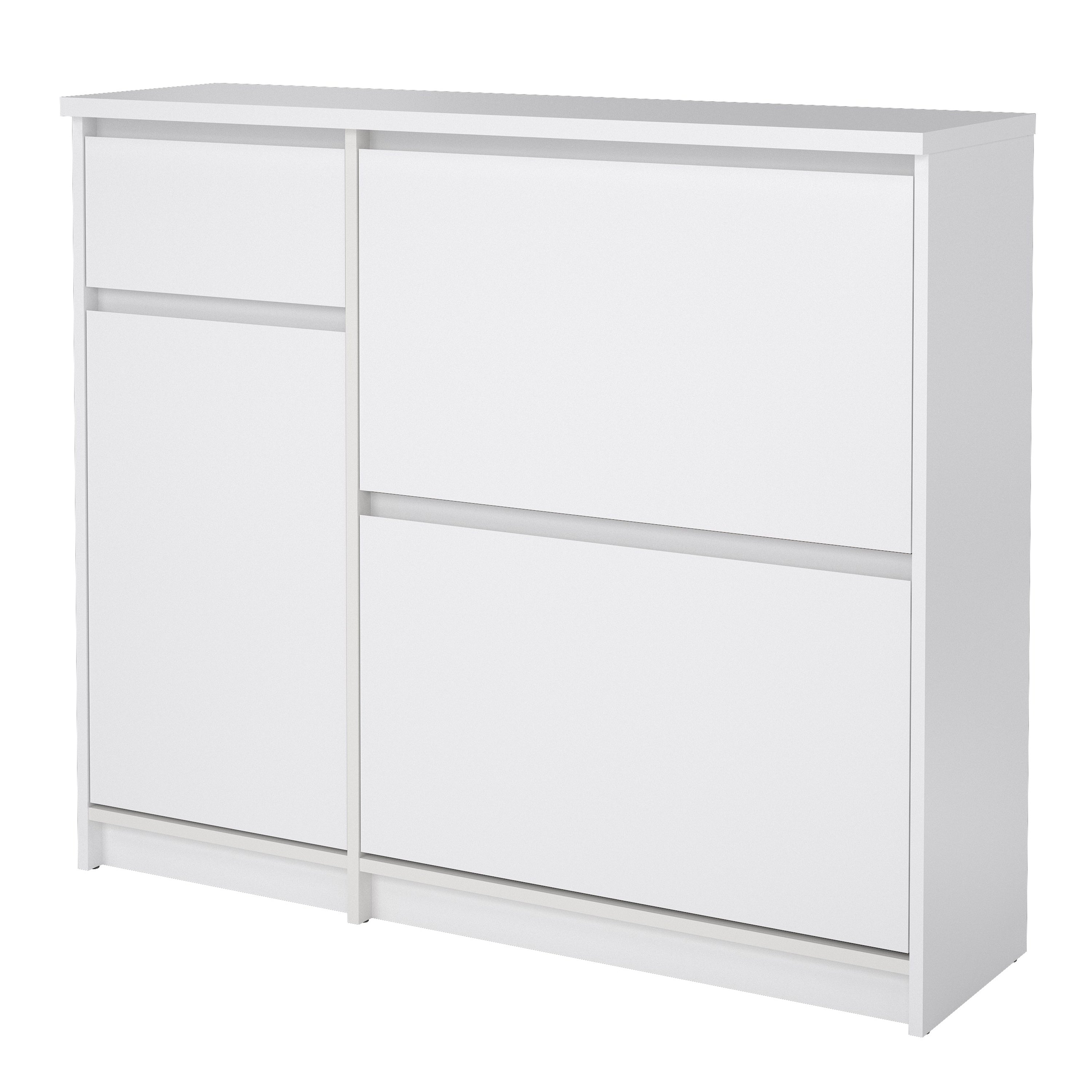 Naia Shoe Cabinet with 2 Flip Down Doors 1 Door and 1 Drawer in White High Gloss