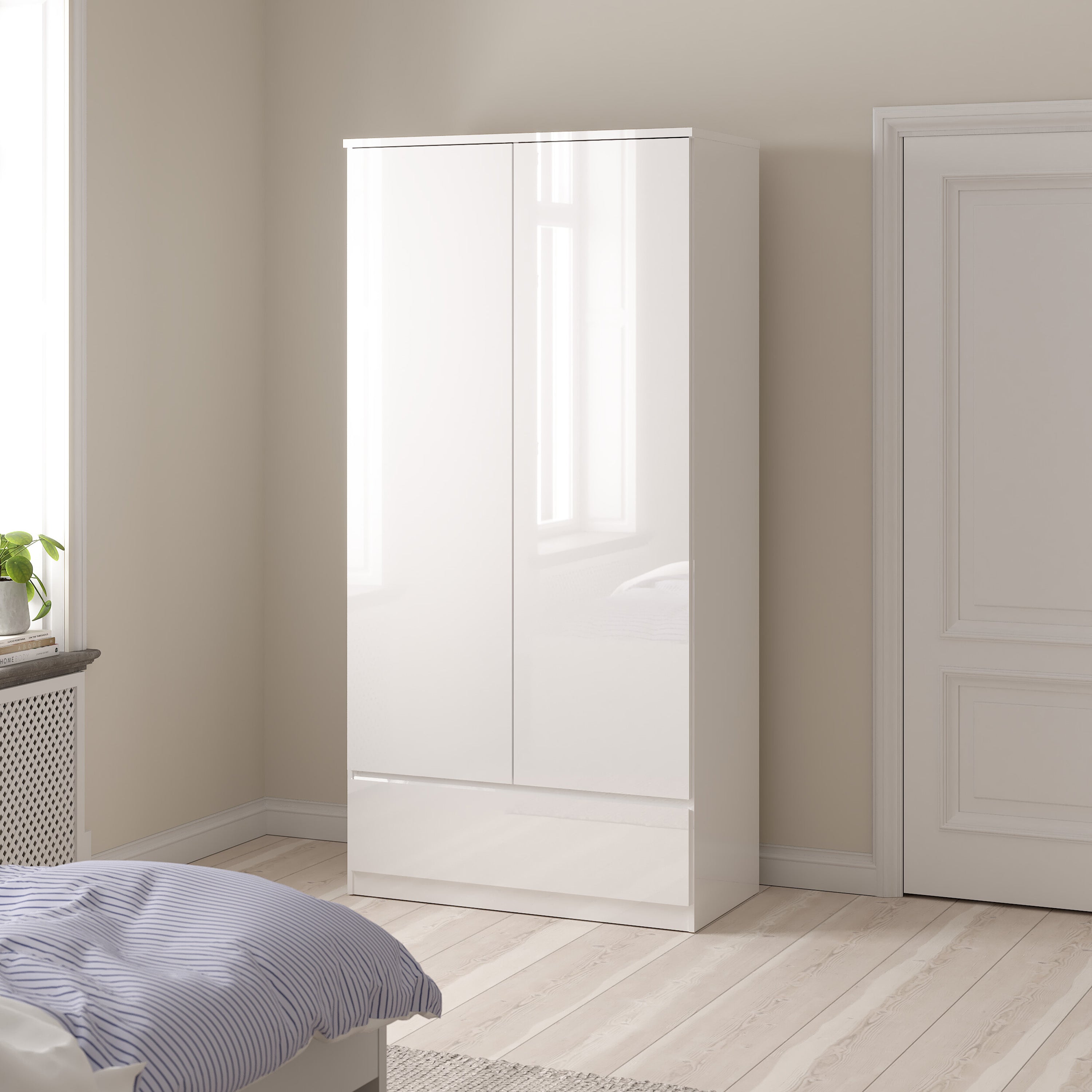 Naia Package - Bedside 3 Drawers + Chest of 5 Drawers + Wardrobe with 2 Doors + 1 Drawer in White High Gloss