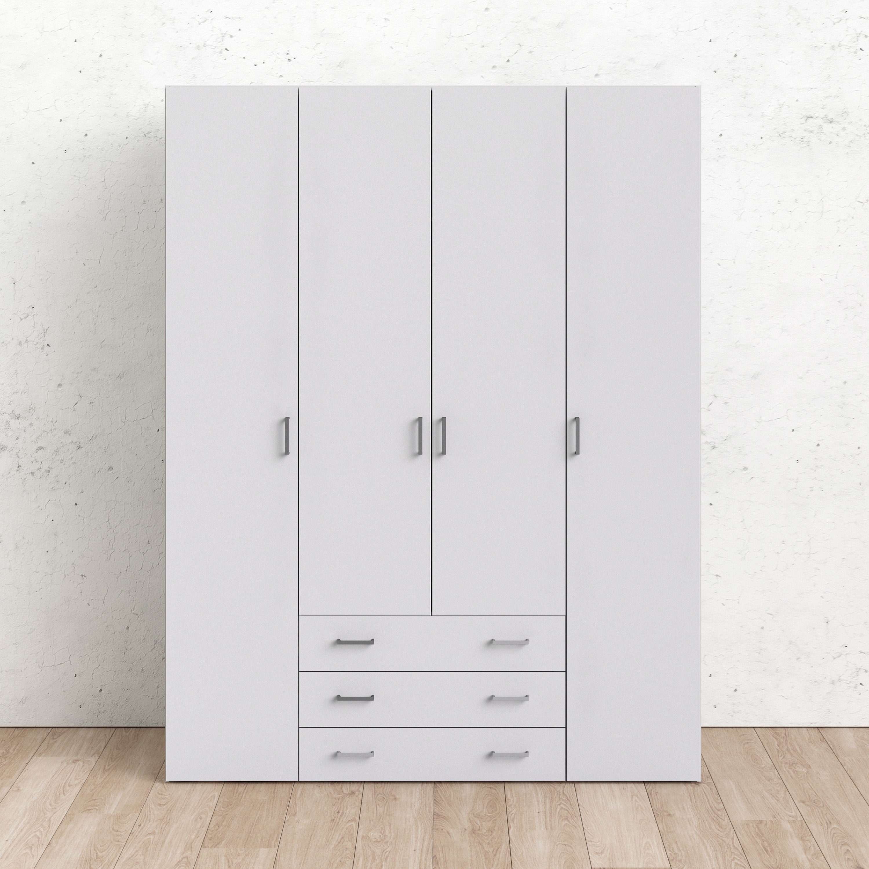 Space Wardrobe 4 Doors 3 Drawers in White 2000
