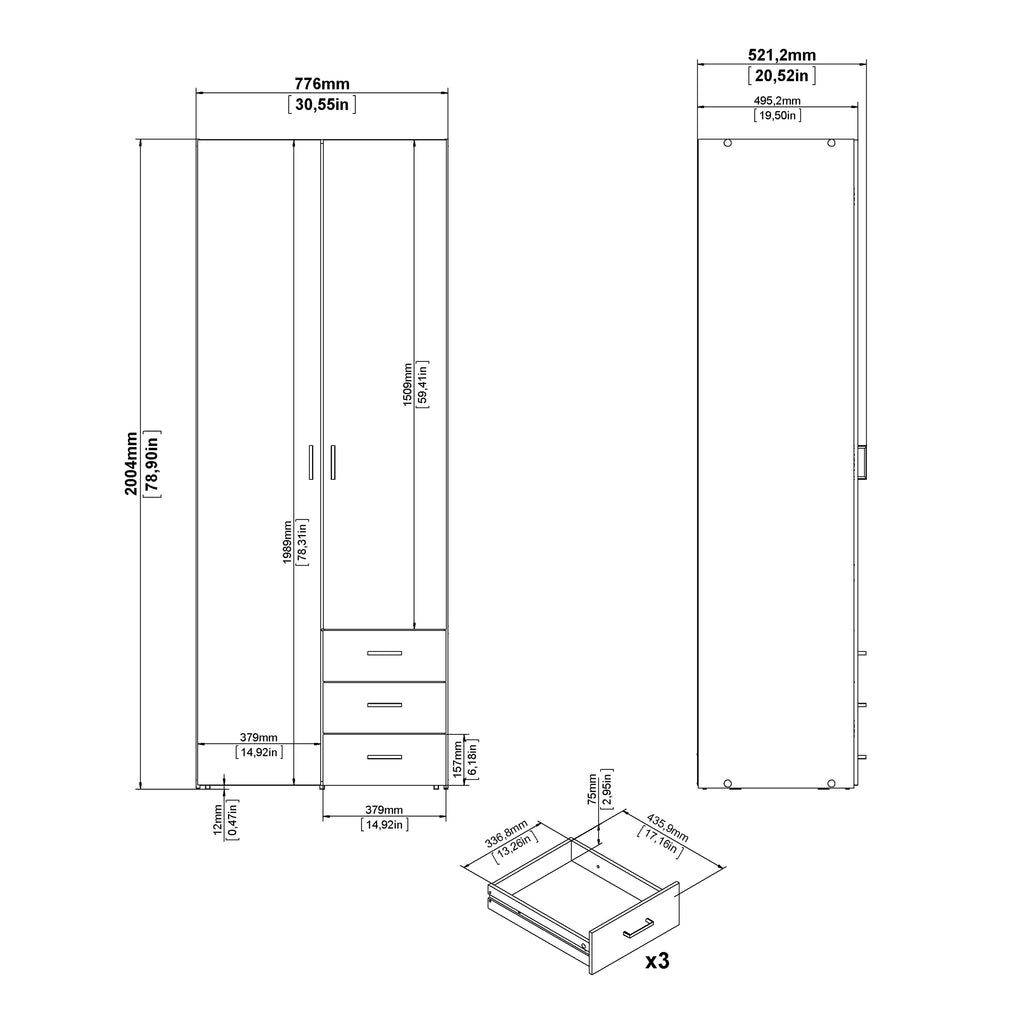 Space Wardrobe 2 Doors 3 Drawers in White 2000