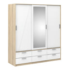Line Wardrobe 3 Doors 6 Drawers in Oak with White High Gloss