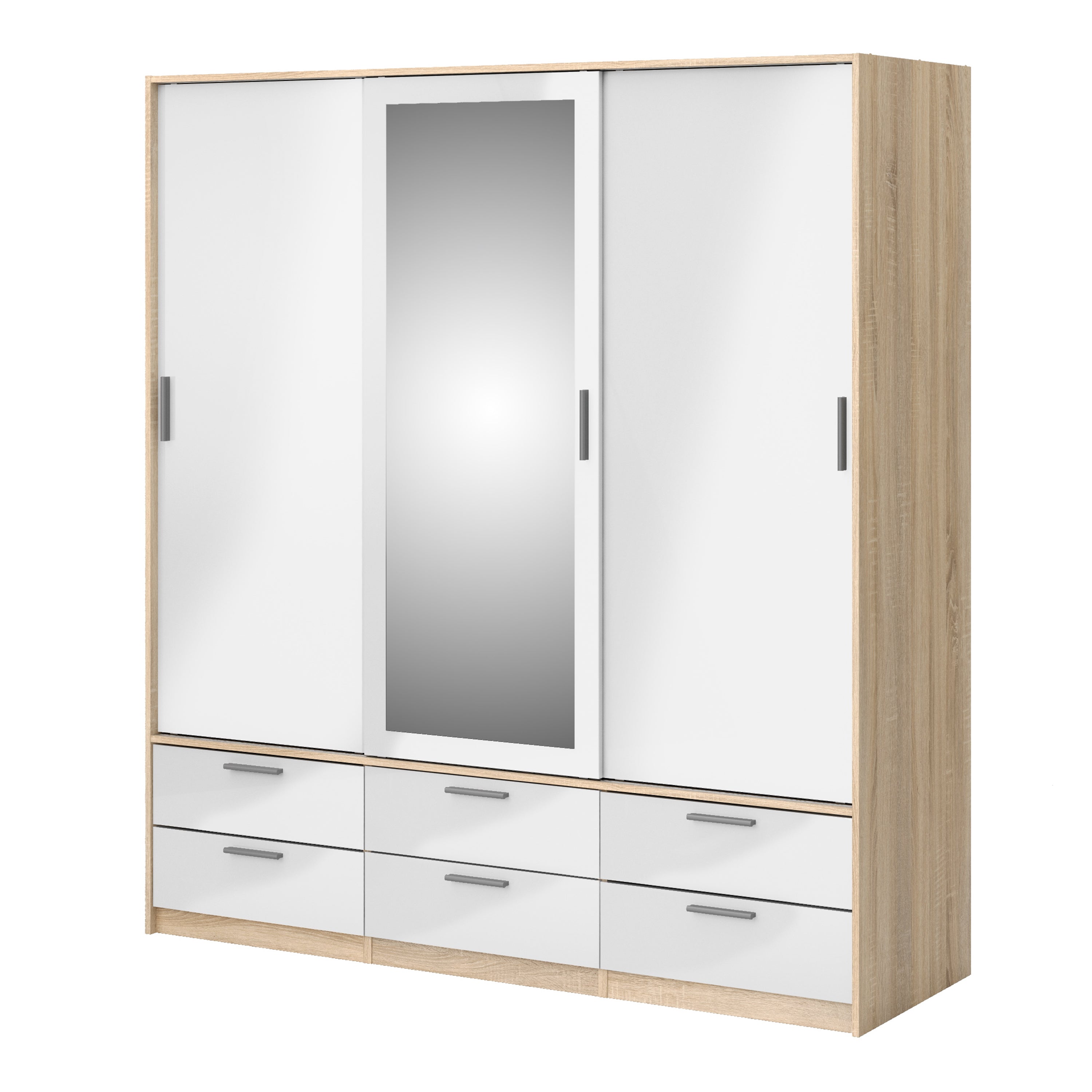 Line Wardrobe 3 Doors 6 Drawers in Oak with White High Gloss