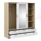 Line Wardrobe 3 Doors 6 Drawers in Oak with White High Gloss