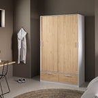 Line Wardrobe with 2 Doors 2 Drawers in White and Jackson Hickory Oak