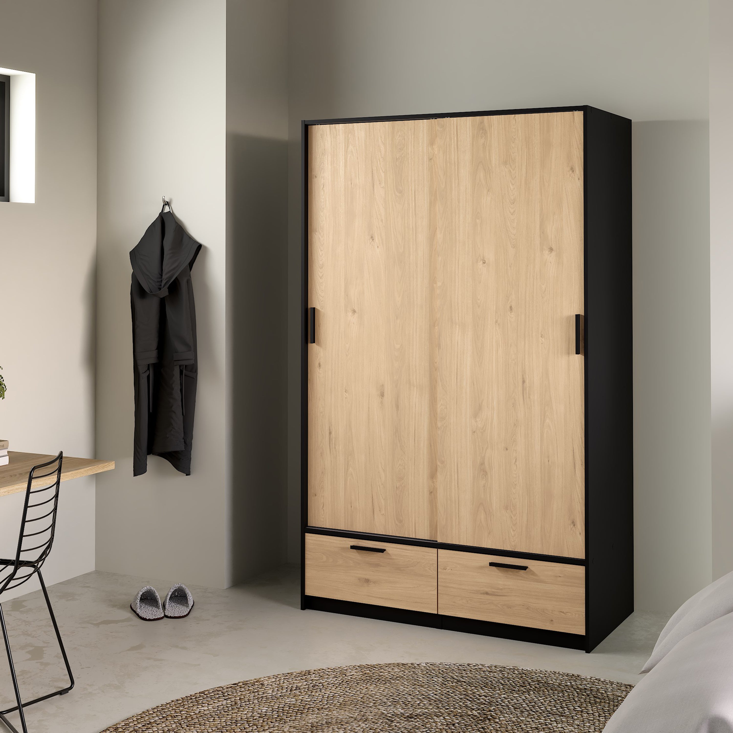 Line Wardrobe with 2 Doors 2 Drawers in Black and Jackson Hickory Oak