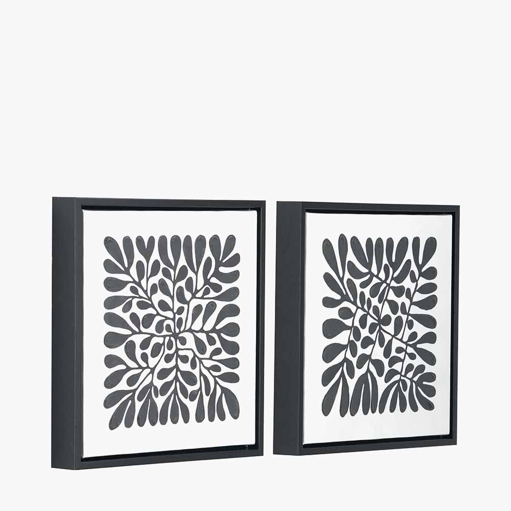S/2 Black Leaf Print Square Canvases with Black Frames