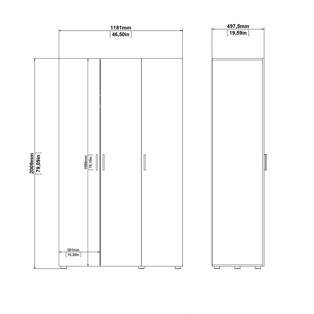 Pepe Wardrobe with 3 Doors in White Woodgrain