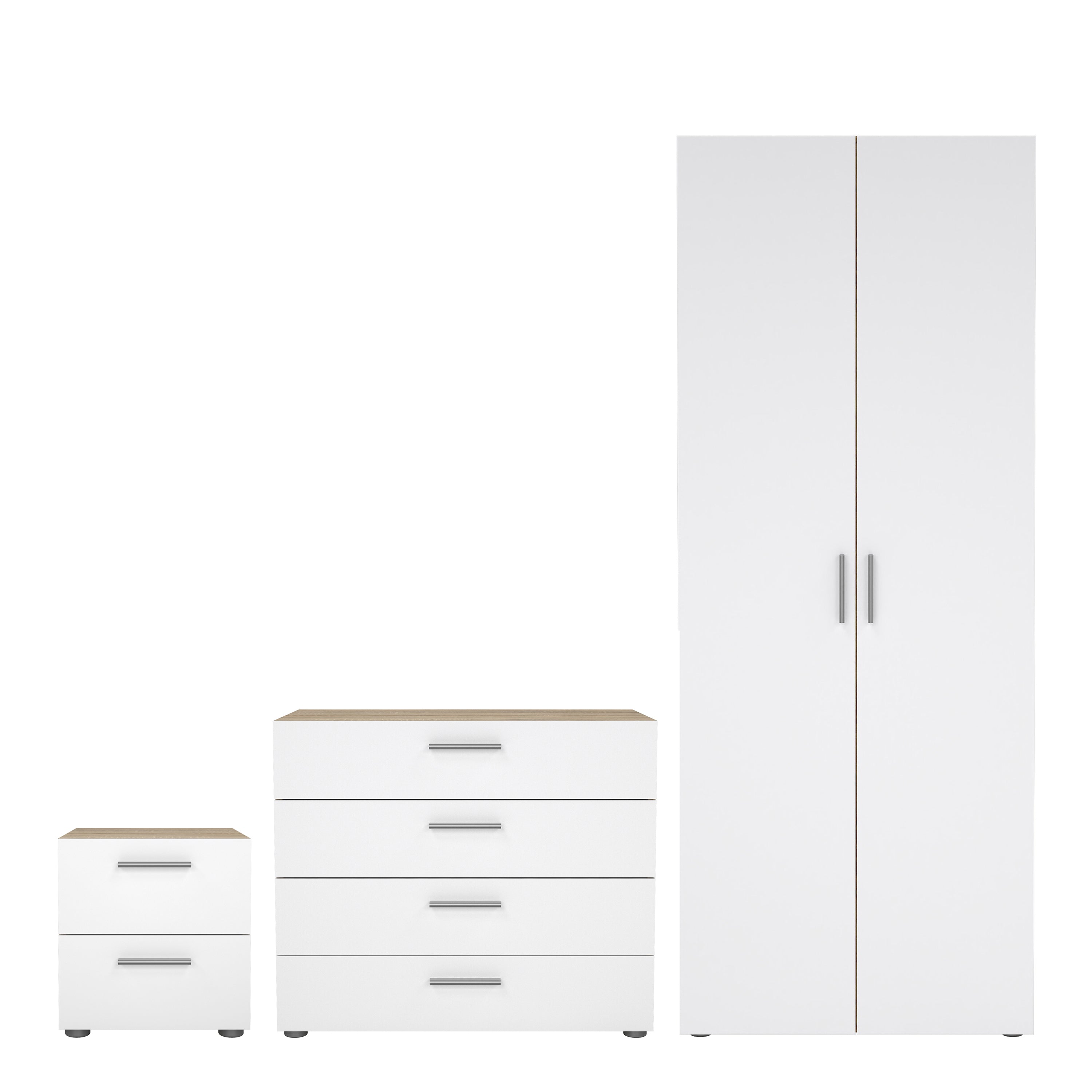 Pepe Package - Bedside 2 Drawers + Chest of 4 Drawers + Wardrobe with 2 Doors in Oak with White High Gloss