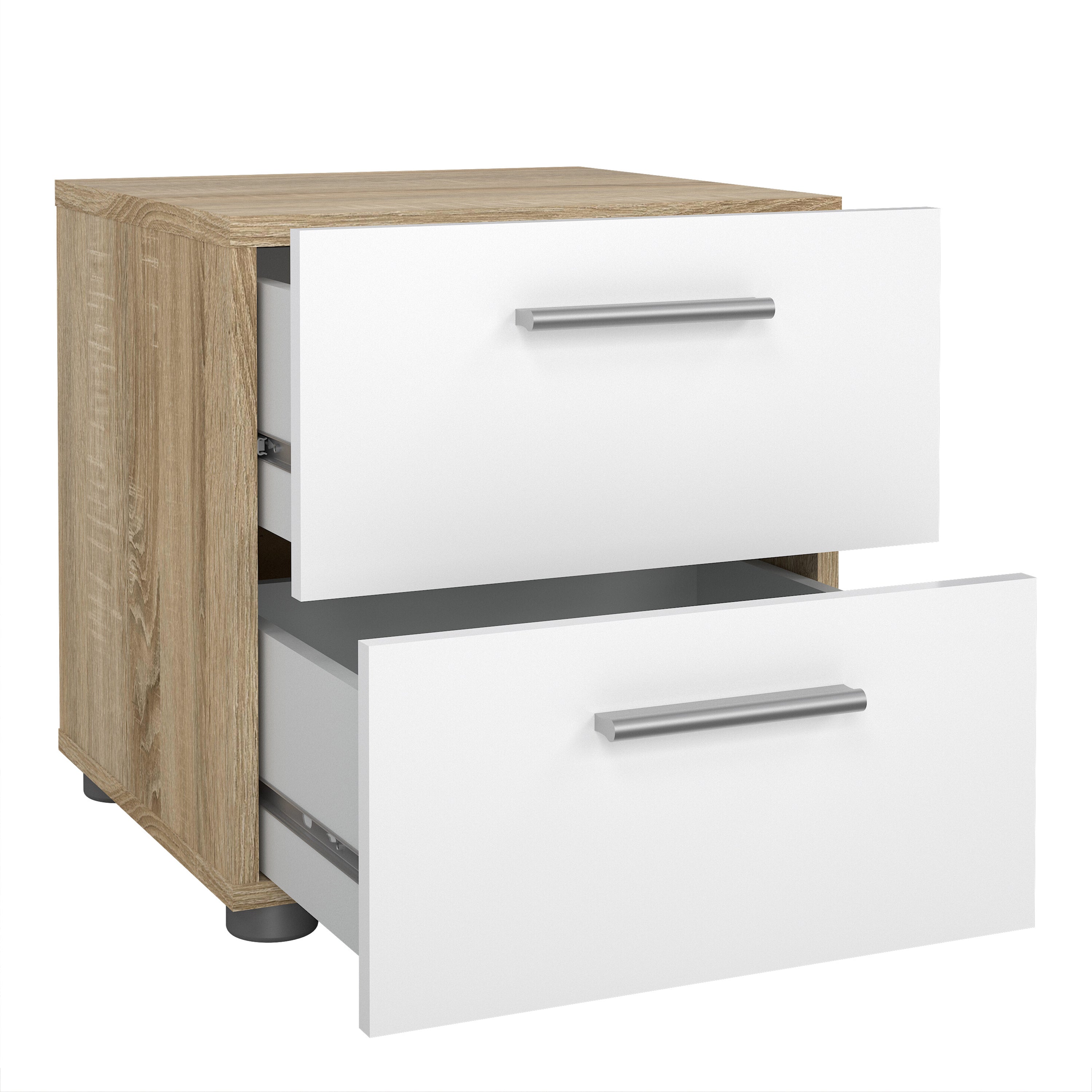 Pepe Package - Bedside 2 Drawers + Chest of 4 Drawers + Wardrobe with 2 Doors in Oak with White High Gloss