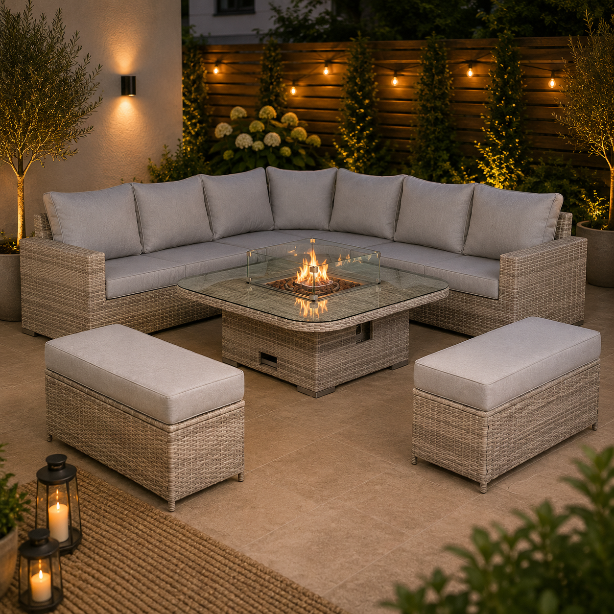 Aurora Range Large Round Corner Sofa Set with Fire Pit Rising Table
