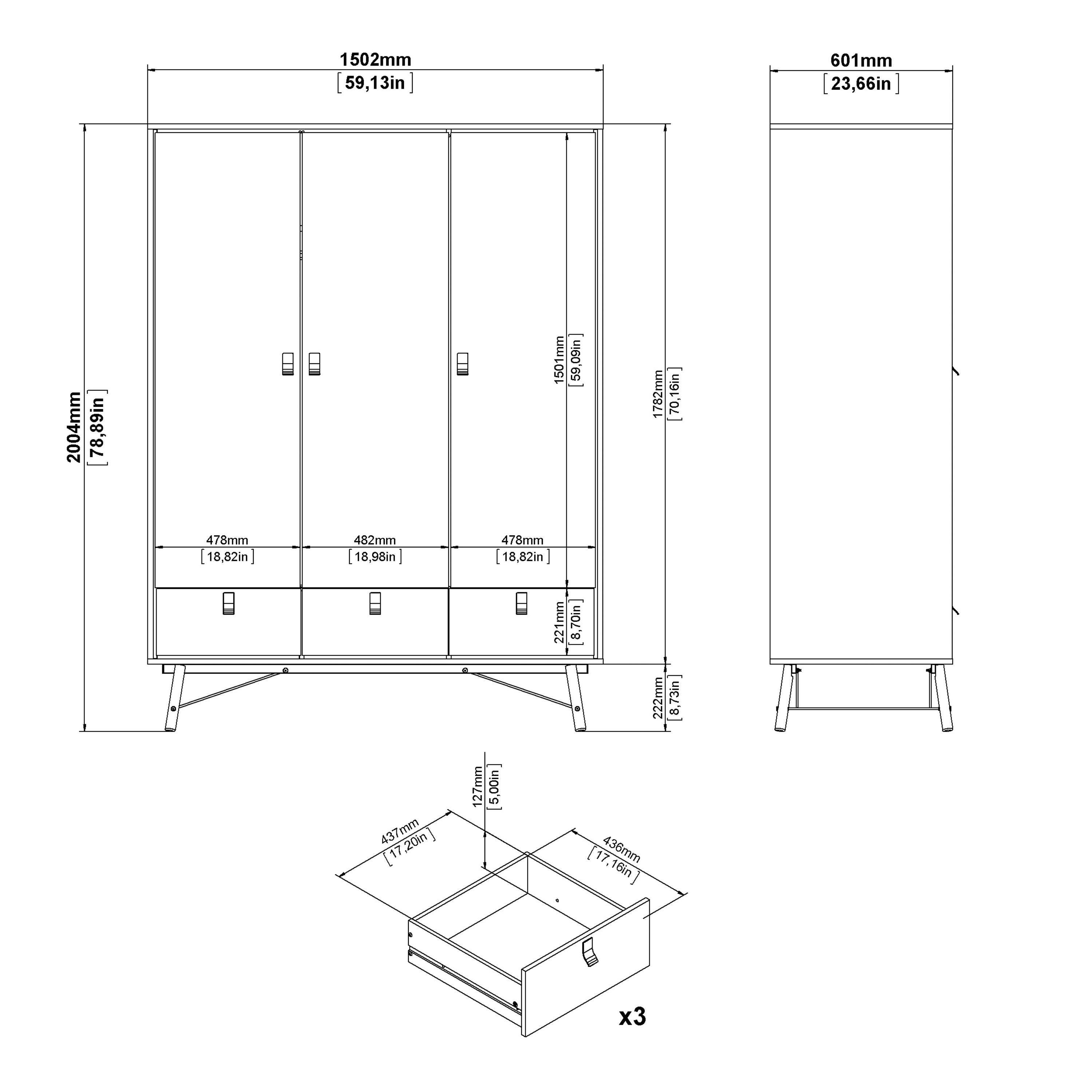 Ry Wardrobe 3 Doors 3 Drawers in Jackson Hickory Oak