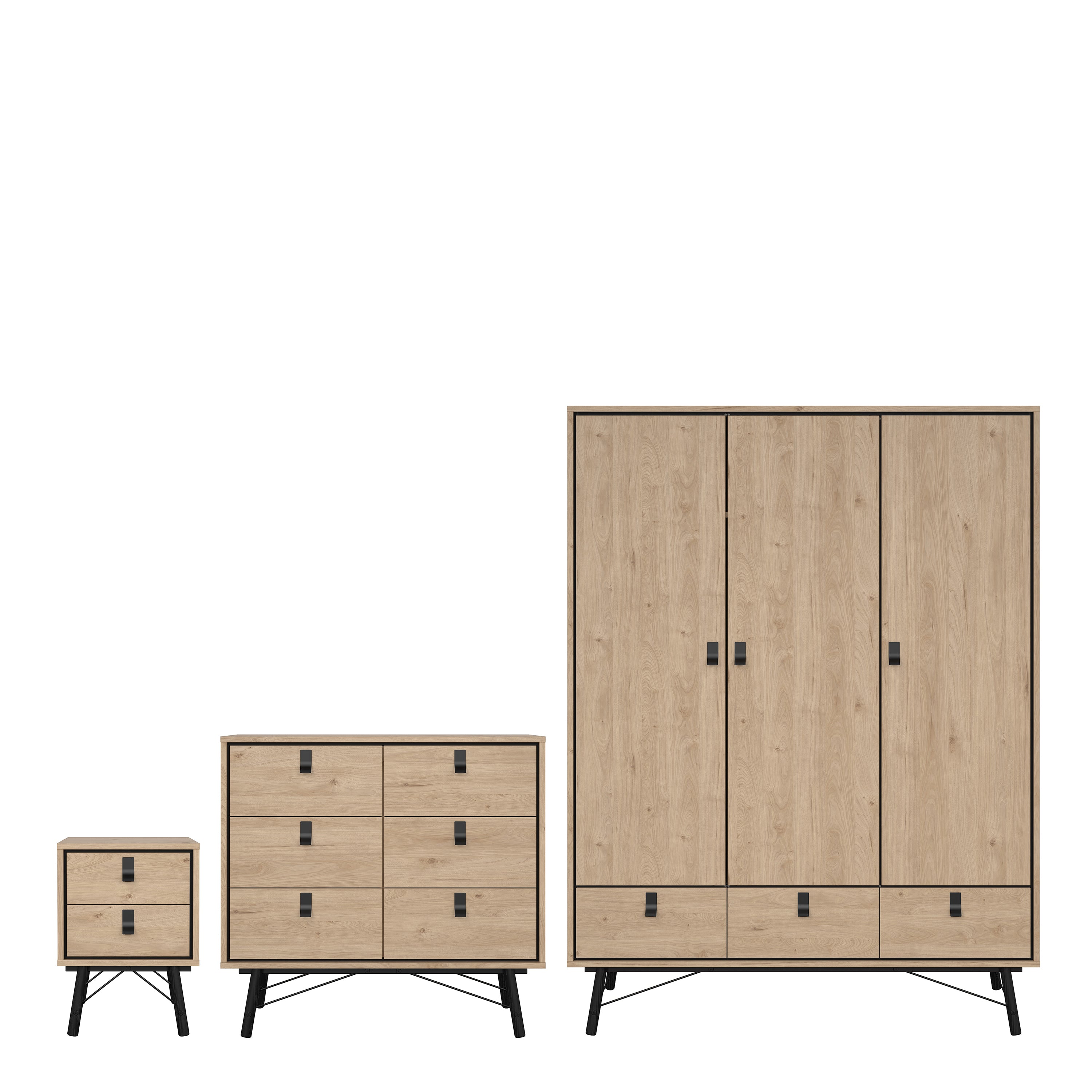 Ry Package - Wardrobe 3 Doors + 3 Drawers + Double Chest 6 Drawers + Bedside Cabinet 2 Drawers in Jackson Hickory Oak