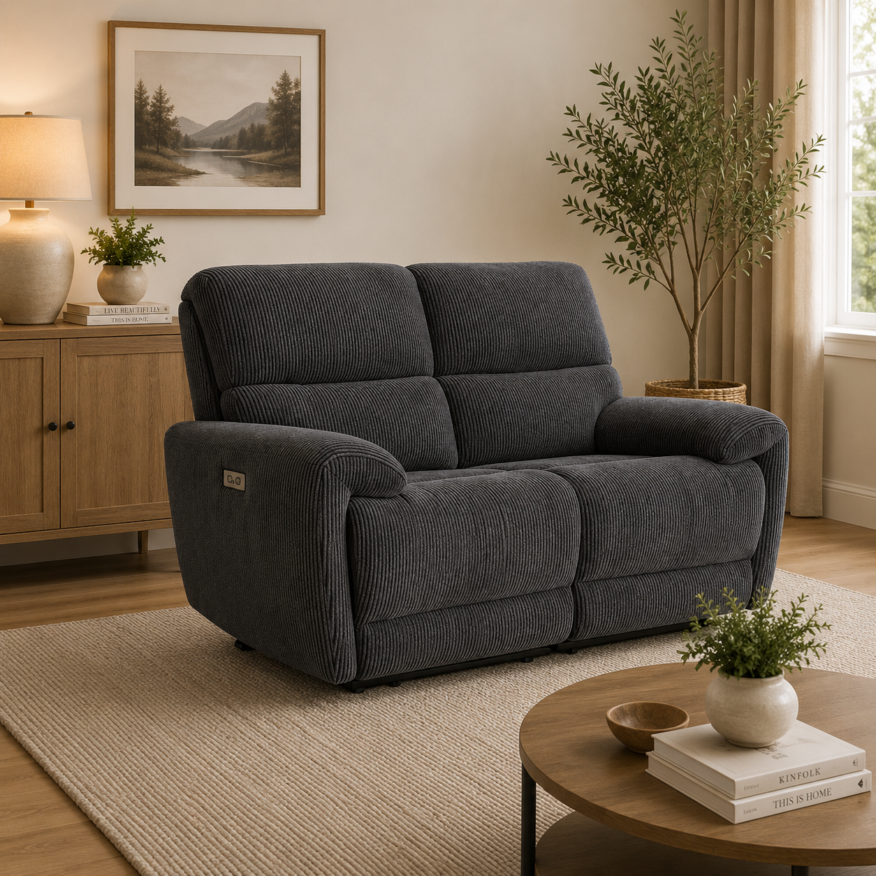 Cairo Black Lay-Z-Boy Style Fabric Power Recliner 2 Seater Sofa