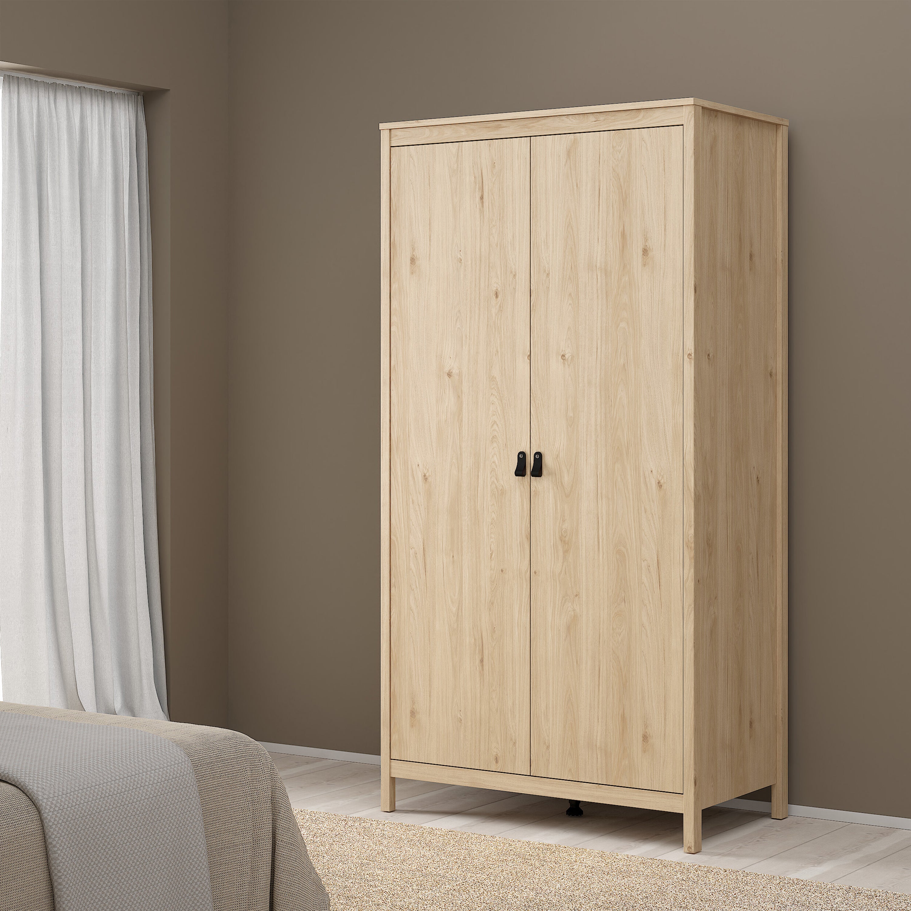 Barcelona Package - Bedside Table 2 Drawers + Chest 5 Drawers + 2 Door Wardrobe in Jackson Hickory Oak