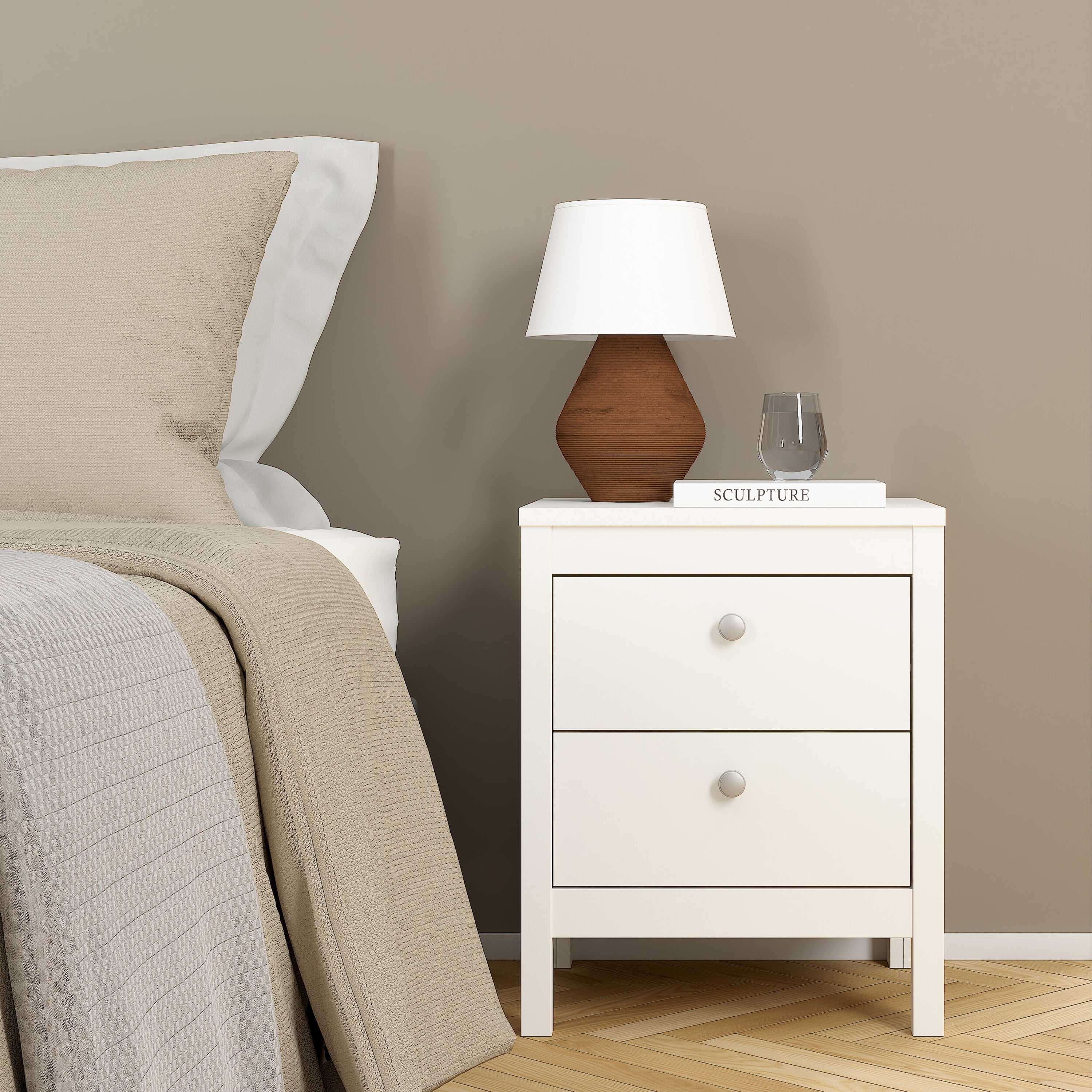 Madrid Package - Bedside Table 2 Drawers + Chest 5 Drawers + Wardrobe with 3 Doors in White