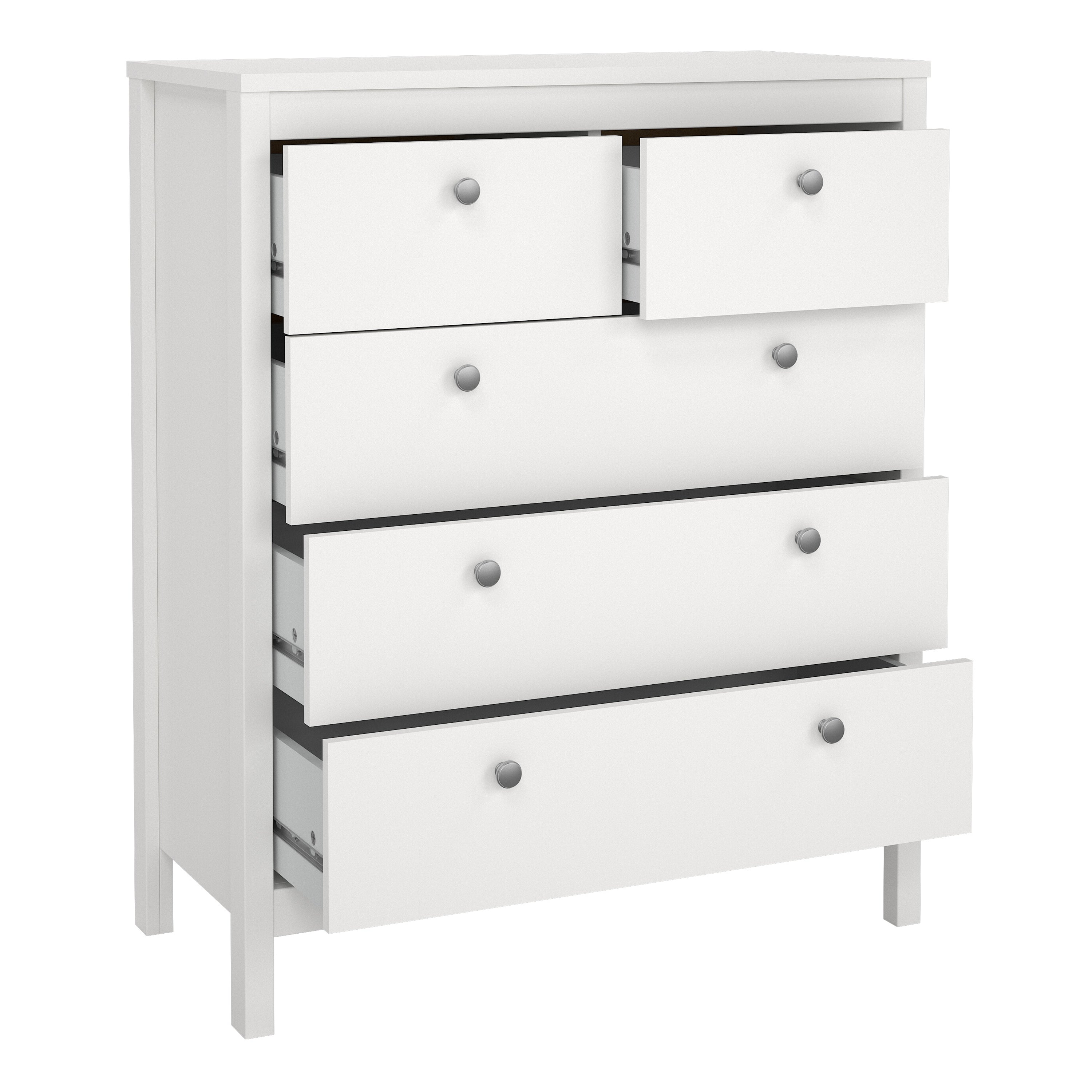Madrid Package - Bedside Table 2 Drawers + Chest 5 Drawers + Wardrobe with 3 Doors in White