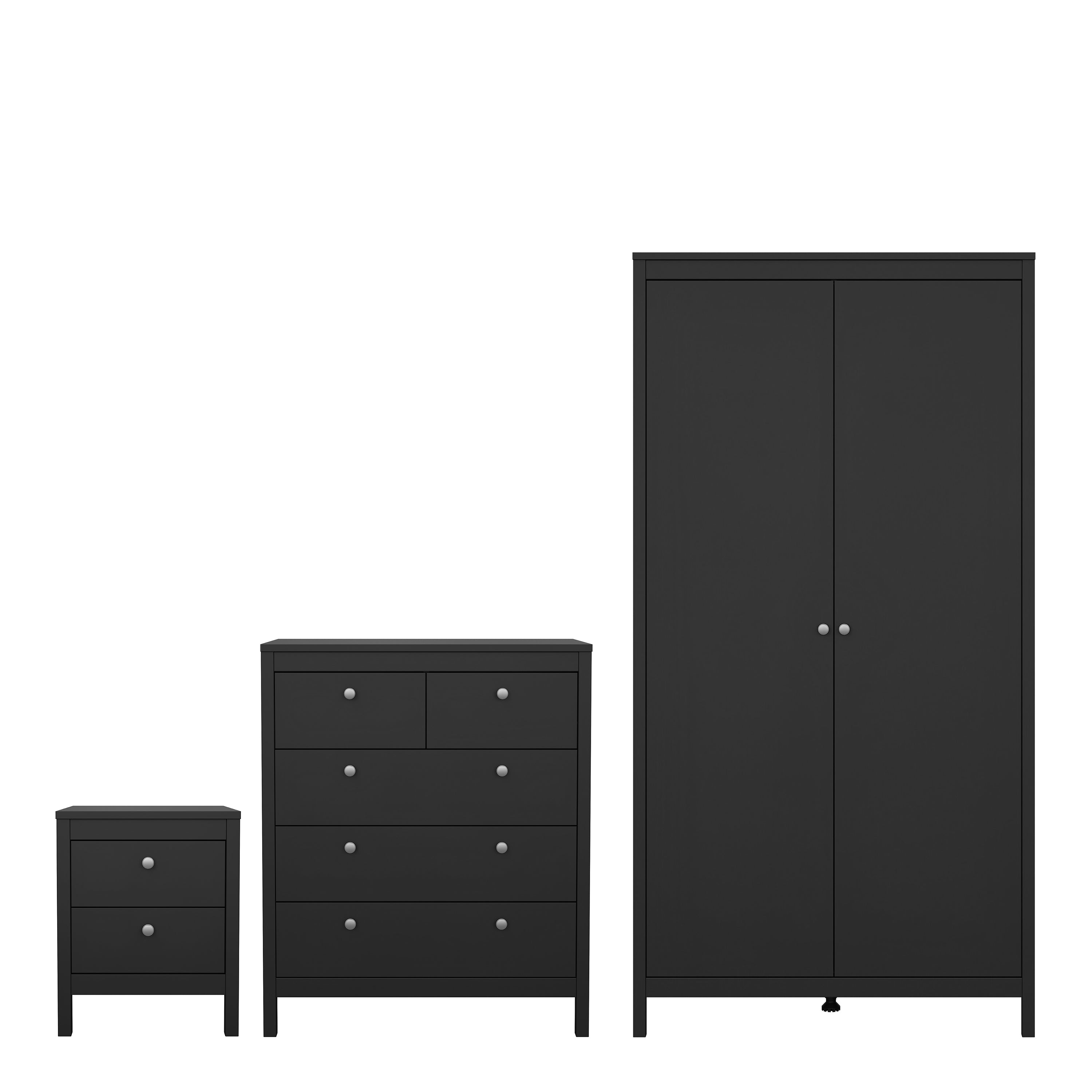 Madrid Package - Bedside Table 2 Drawers + Chest 3+2 Drawers + Wardrobe with 2 Doors in Matt Black