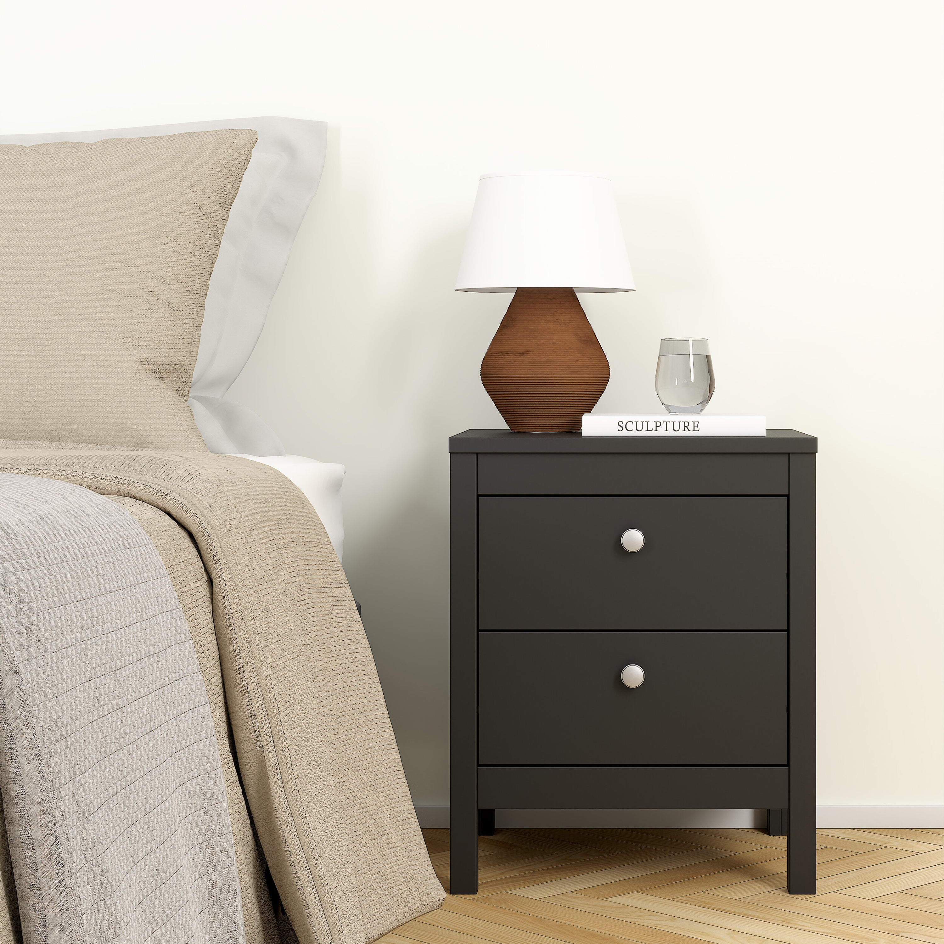 Madrid Package - Bedside Table 2 Drawers + Chest 5 Drawers + Wardrobe with 3 Doors in Matt Black