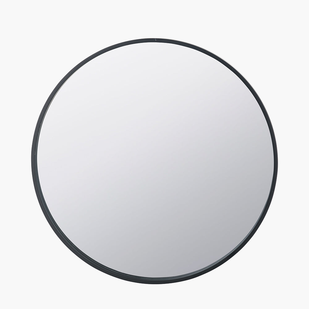 Black Wood Veneer and Mirrored Glass Round Wall Mirror