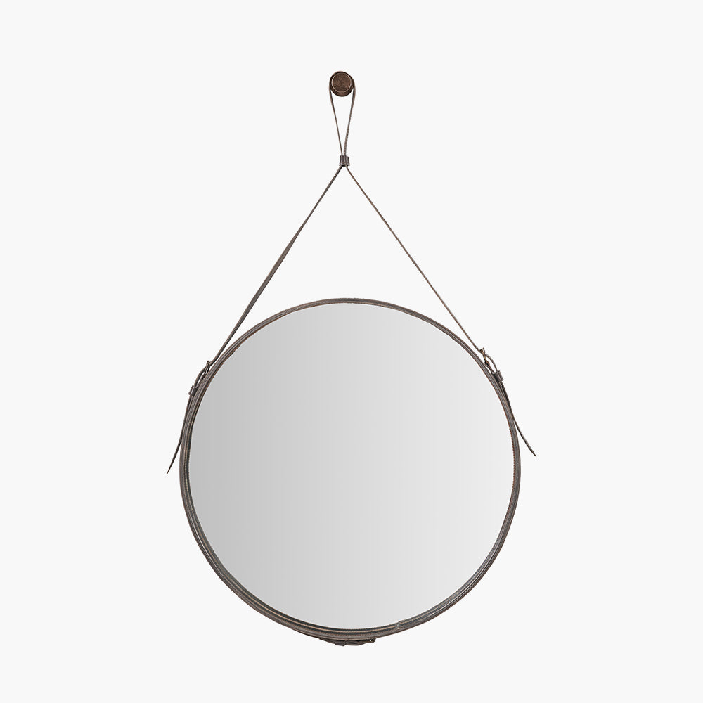 Peppercorn Leather Frame Round Wall Mirror