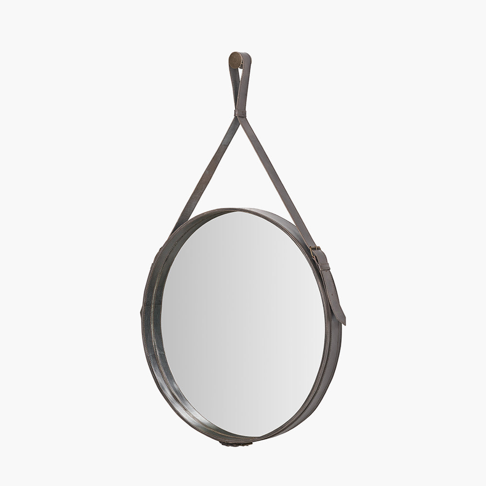 Peppercorn Leather Frame Round Wall Mirror