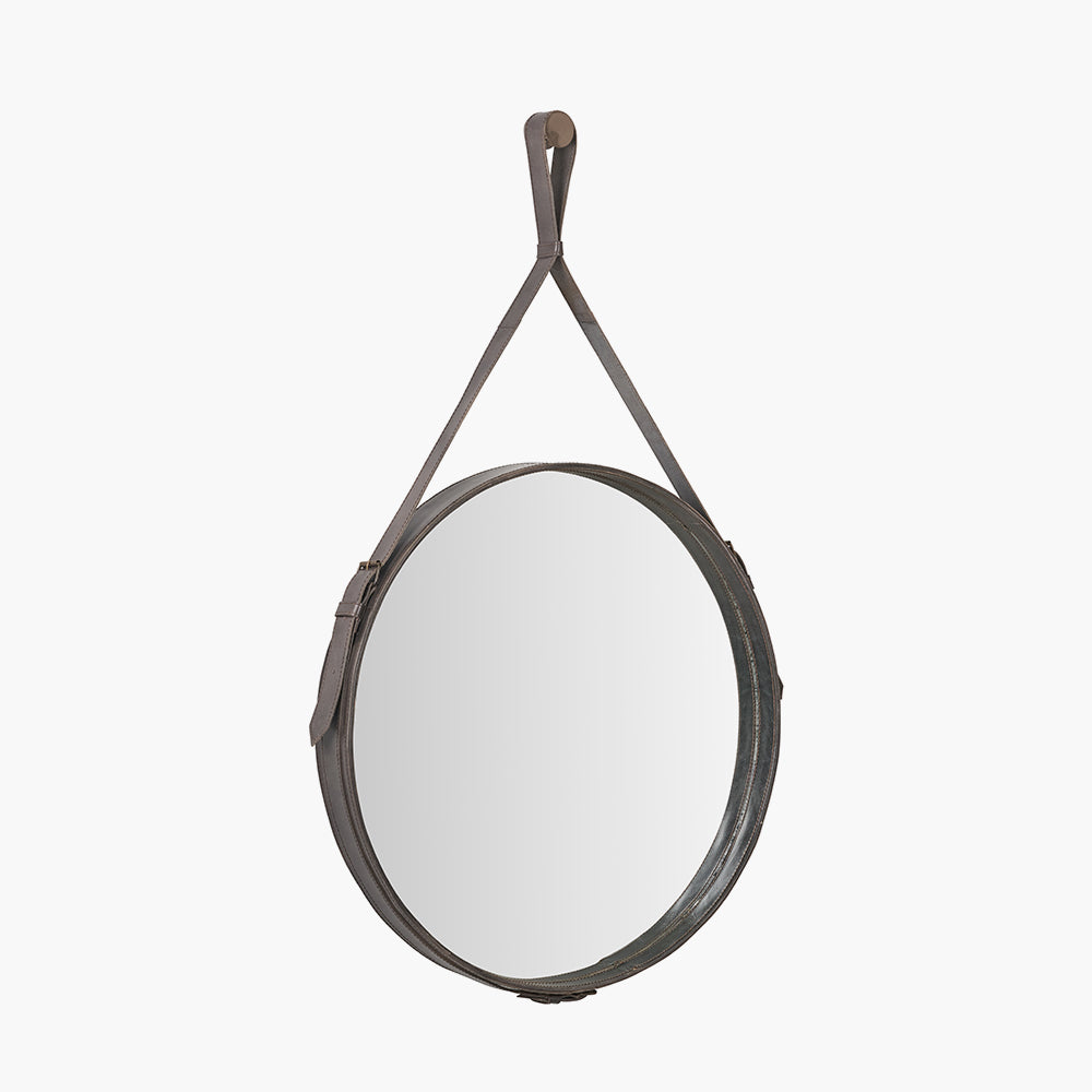 Peppercorn Leather Frame Round Wall Mirror