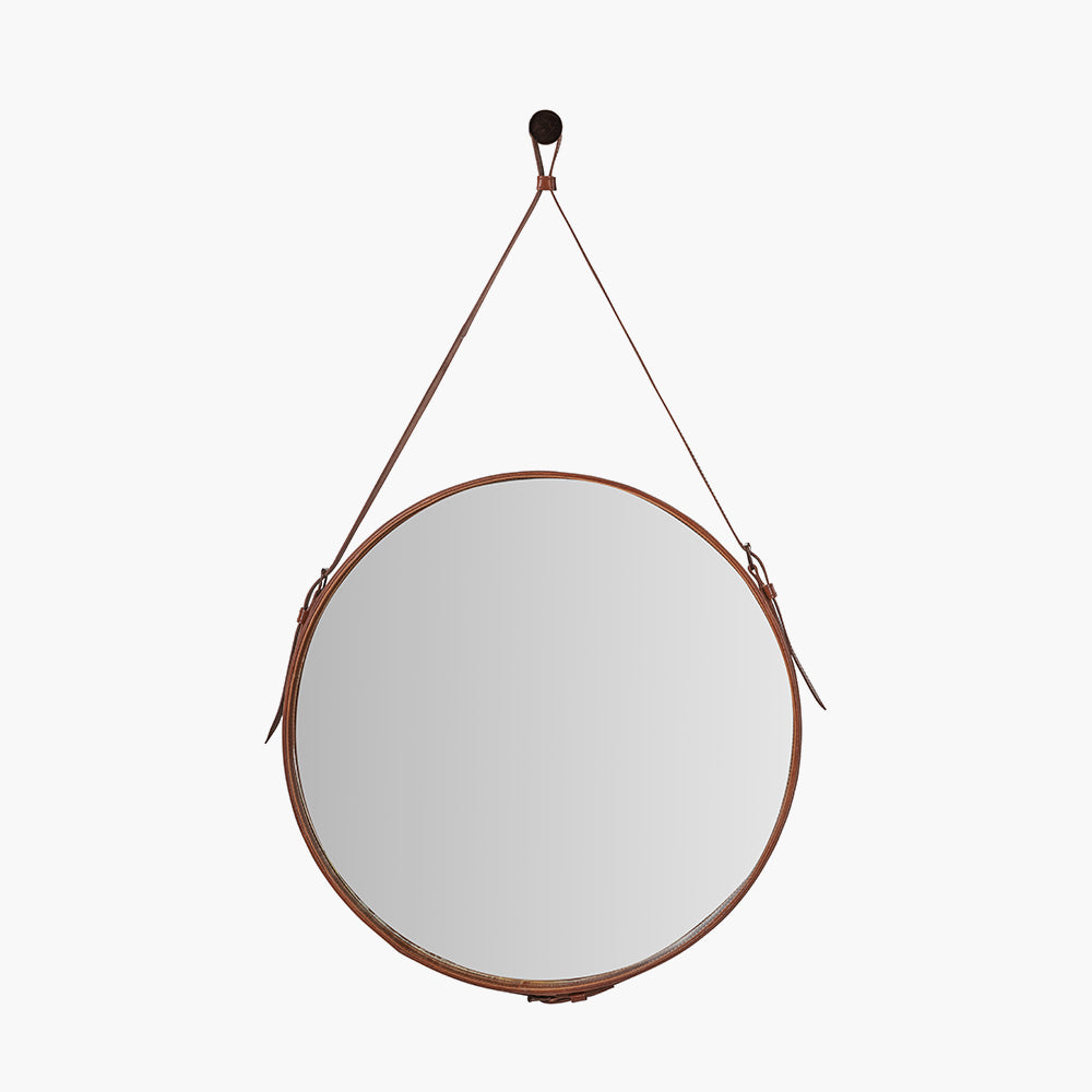 Vintage Brown Leather Frame Round Wall Mirror