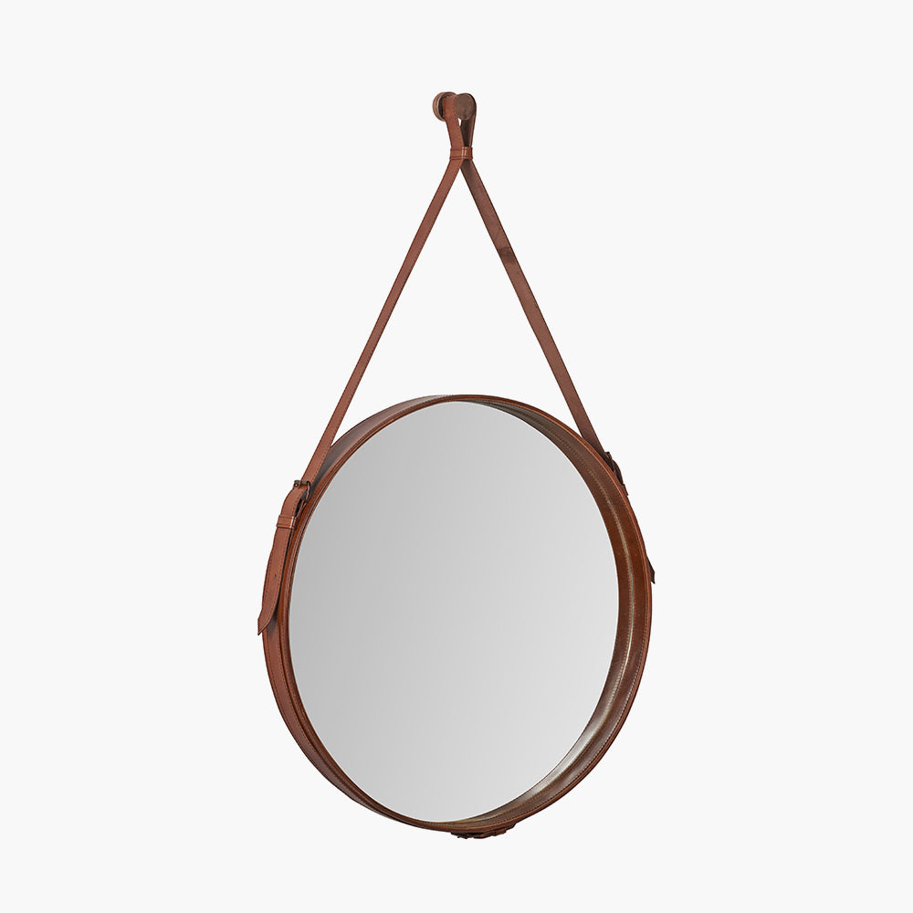 Vintage Brown Leather Frame Round Wall Mirror