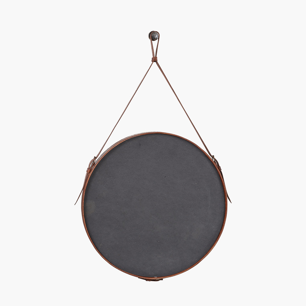Vintage Brown Leather Frame Round Wall Mirror