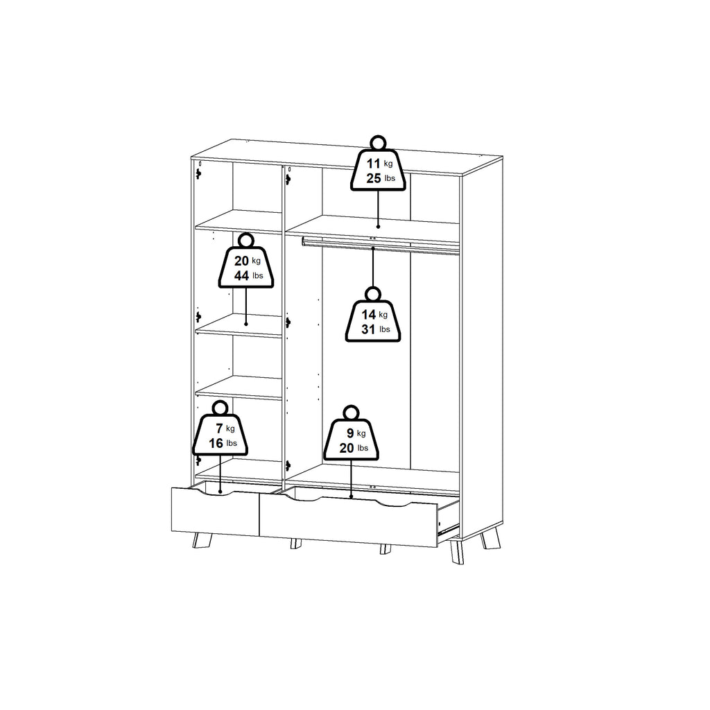 Ikast Wardrobe 3 Doors and 2 Drawers with Mirror in Jackson Hickory and White
