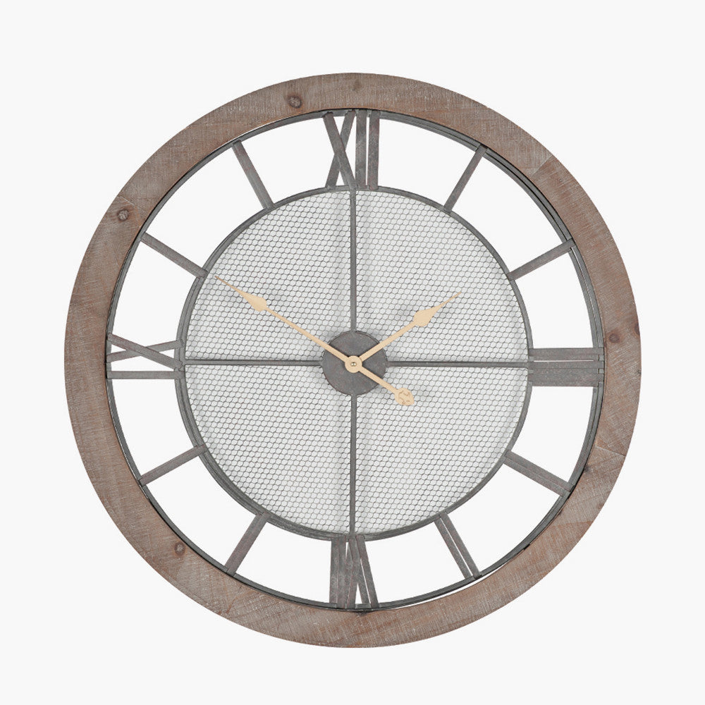 Natural Wood and Black Metal Mesh Round Wall Clock