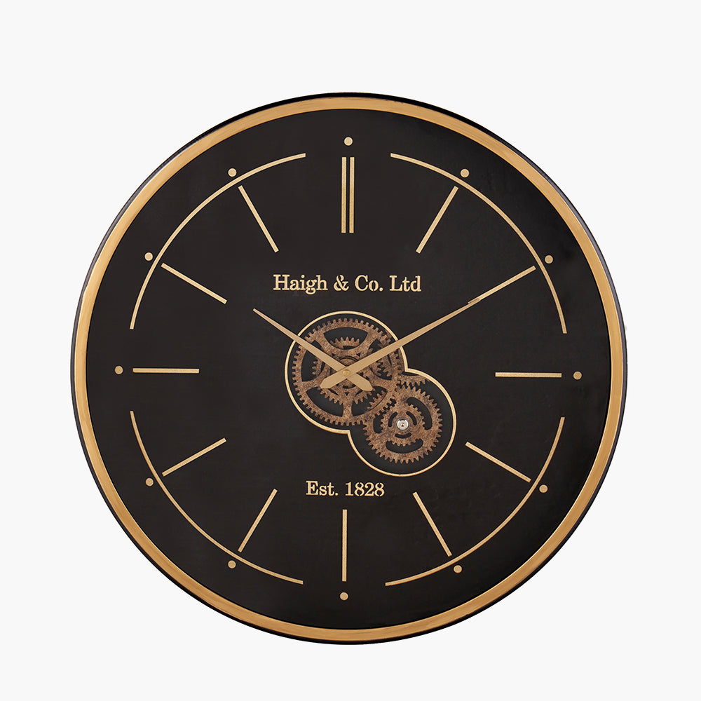 Black and Champagne Gold Wood Working Cog Wall Clock