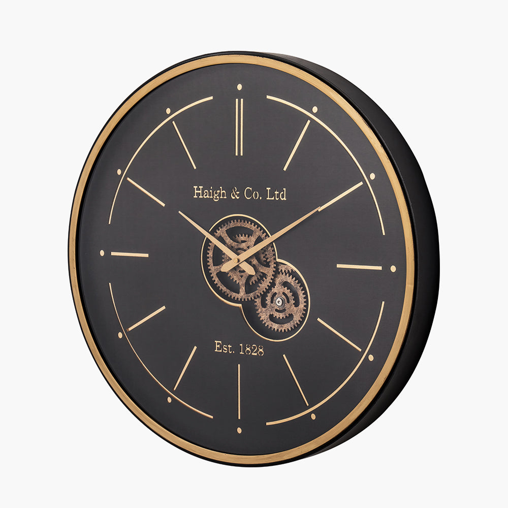 Black and Champagne Gold Wood Working Cog Wall Clock