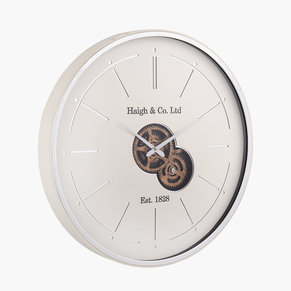 Ivory and Silver Wood Working Cog Wall Clock