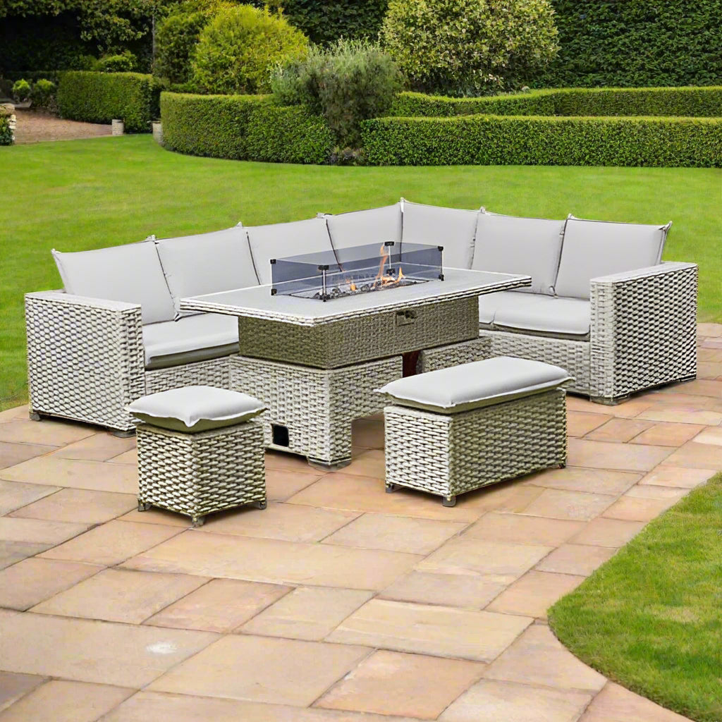 Sorrento Rattan Corner Sofa And Adjustable Fire Pit Table With Large And Small Bench