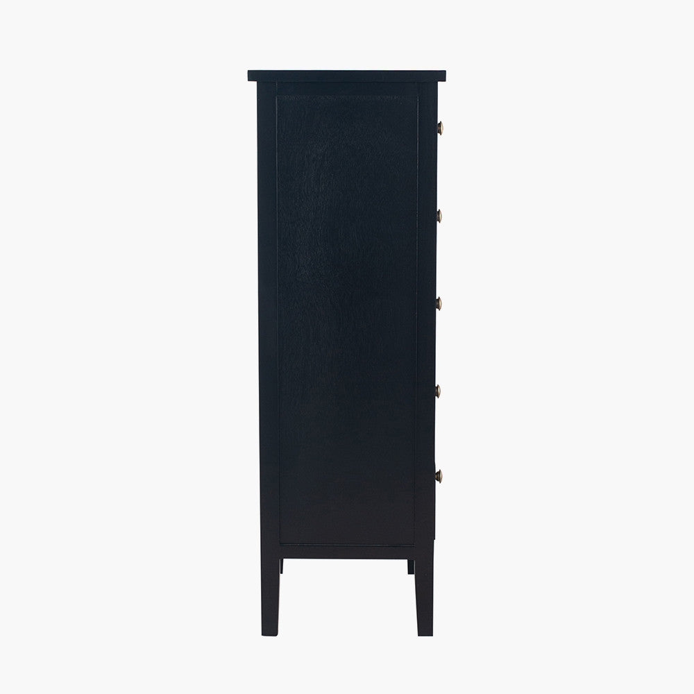 Chelmsford Satin Black Pine Wood 5 Drawer Tall Boy