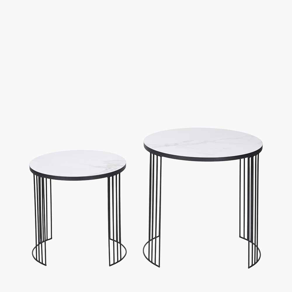 Atri S/2 White Marble Veneer and Black Metal Side Tables