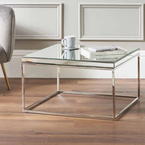 Elysee Mirrored Glass and Silver Metal Square Coffee Table