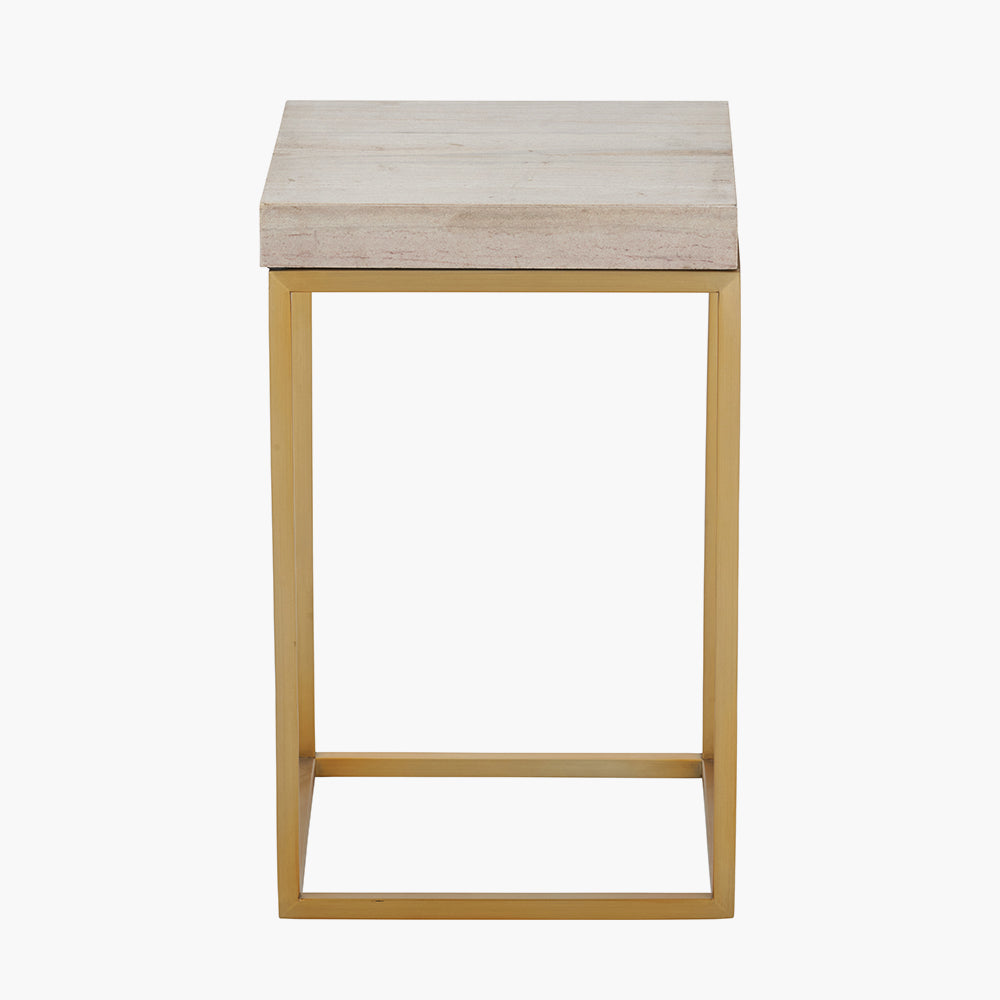 Madison Beige Granite and Burnished Gold Metal Square Side Table