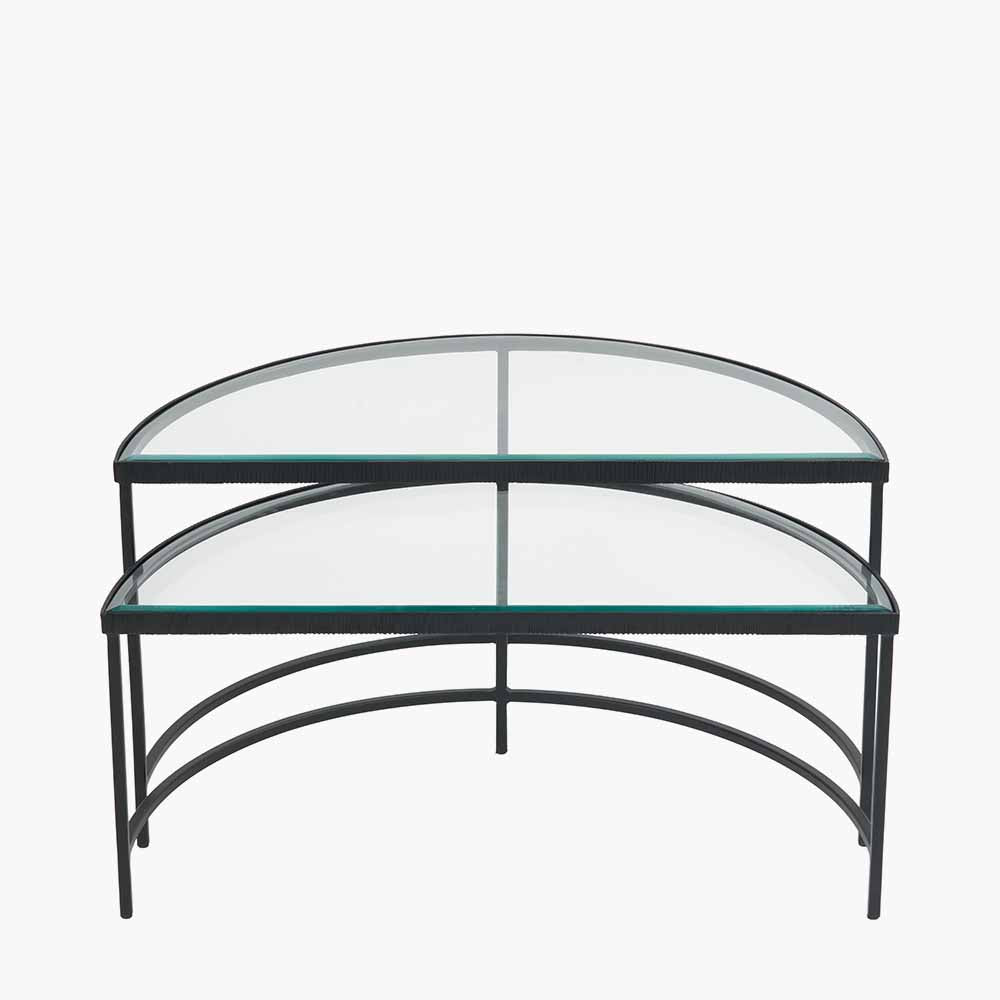 Marazzi S/2 Bevelled Glass and Black Metal Half Moon Coffee Tables