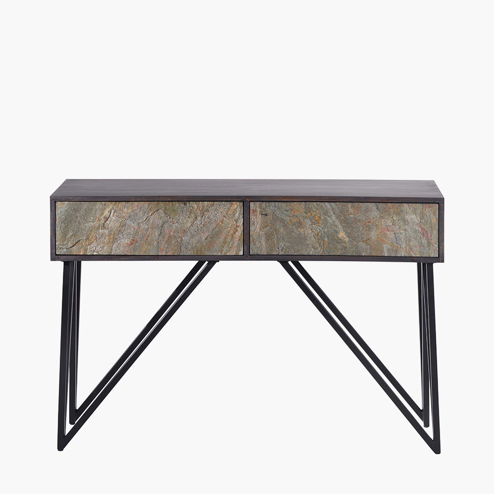 Verde Black Mango Wood and Stone Veneer 2 Drawer Console Table