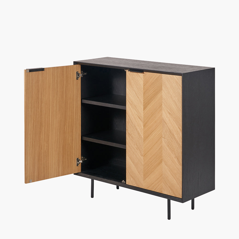 Hailee Black and Natural Chevron Oak and Pine Wood 2 Door Bar Cabinet