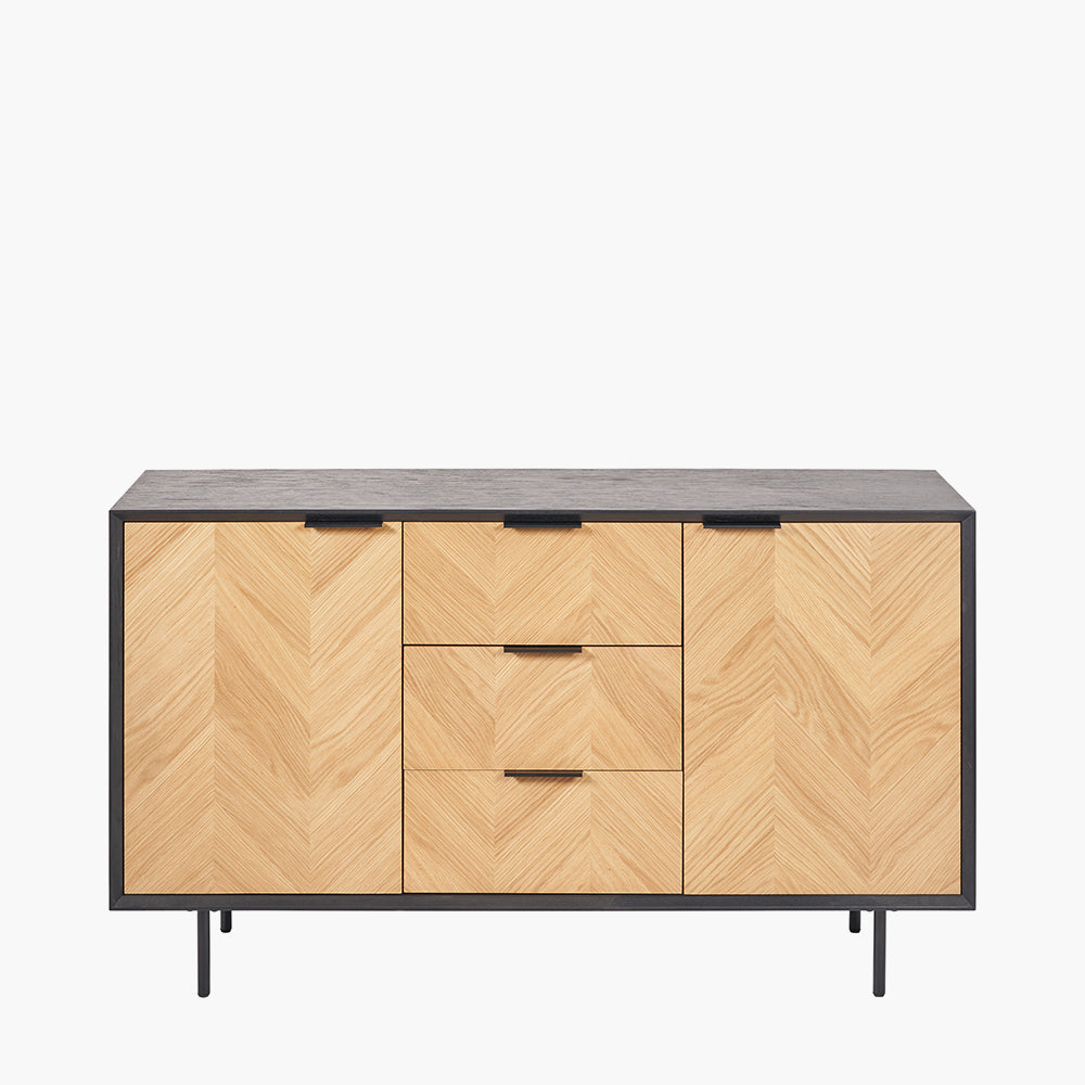 Hailee Black and Natural Chevron Oak and Pine Wood 2 Door 3 Drawer Sideboard