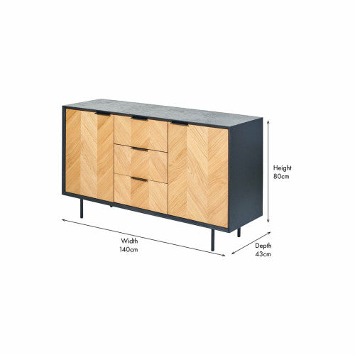 Hailee Black and Natural Chevron Oak and Pine Wood 2 Door 3 Drawer Sideboard