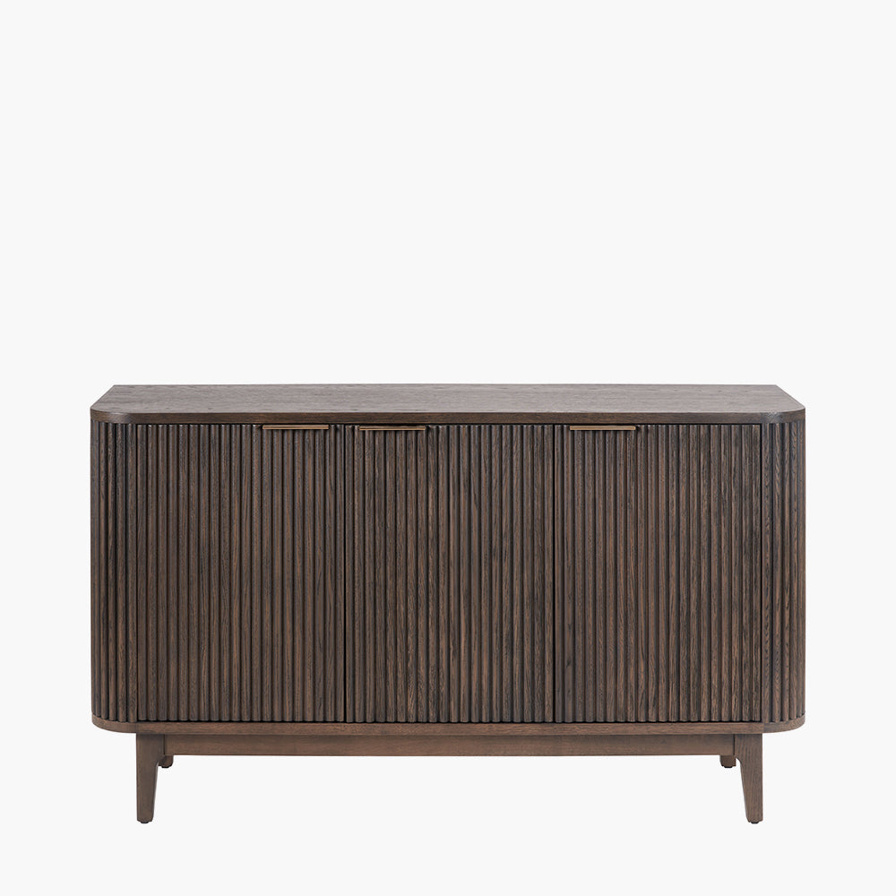 Raie Dark Brown Ribbed Oak & Pine Wood 3 Door Sideboard