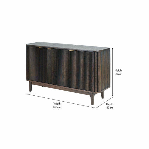 Raie Dark Brown Ribbed Oak & Pine Wood 3 Door Sideboard