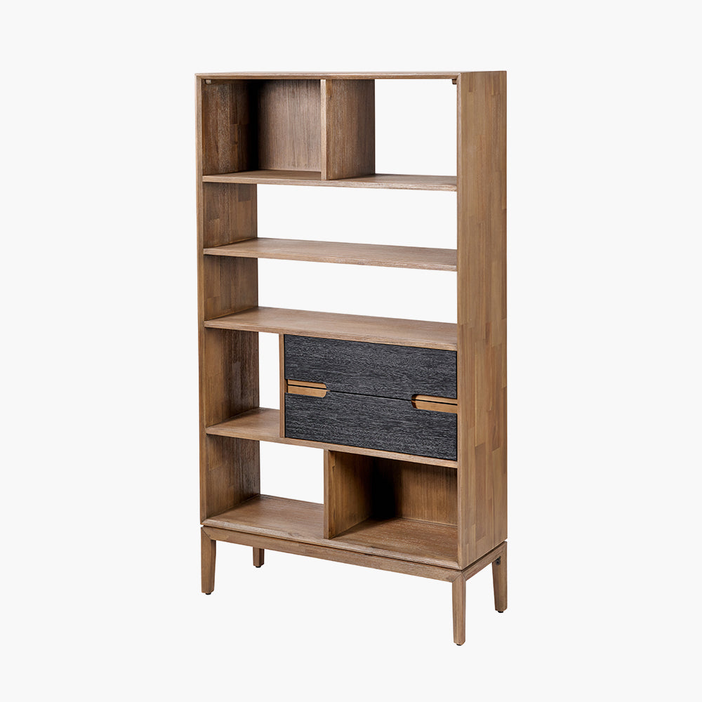Gio Black and Natural Acacia Wood 2 Drawer, 7 Niche Shelf Unit