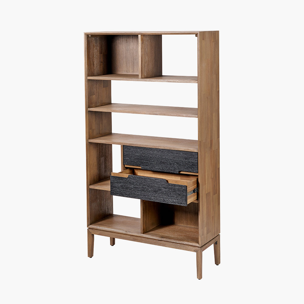 Gio Black and Natural Acacia Wood 2 Drawer, 7 Niche Shelf Unit