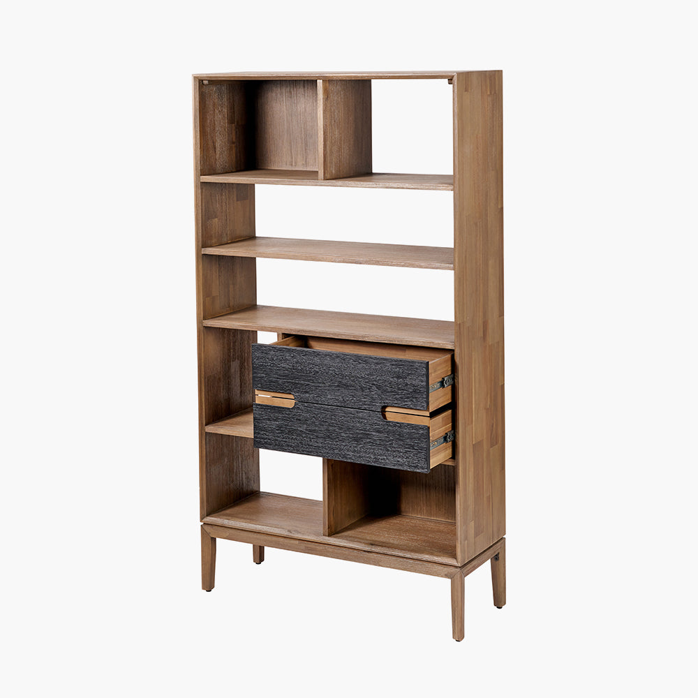 Gio Black and Natural Acacia Wood 2 Drawer, 7 Niche Shelf Unit
